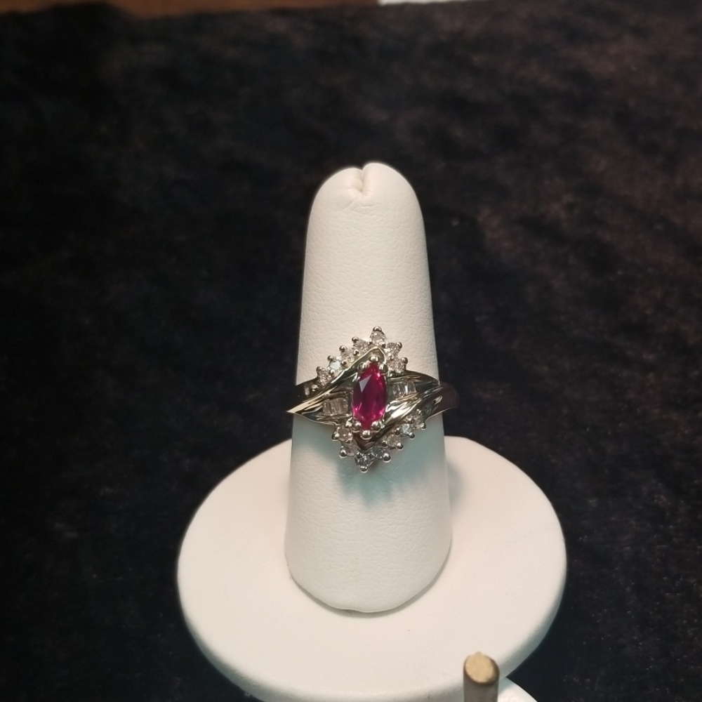 10k yellow gold created ruby and diamonds ring
